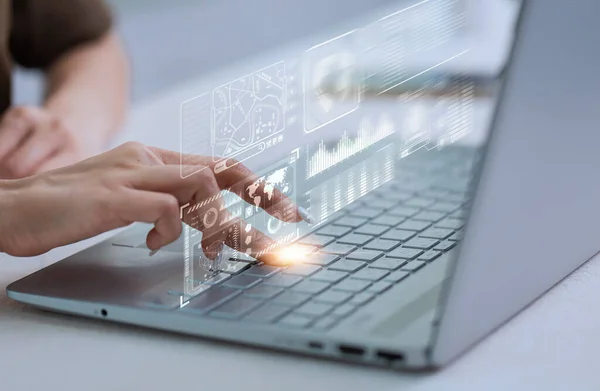 Finger Press Analyst Laptop Showing Statistics Graphs Charts — Stock Photo, Image