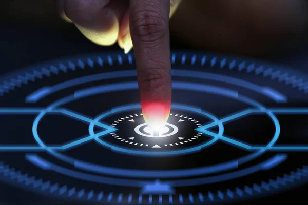 Ludzki Palec Wciska Przycisk Ekranu Dotykowego Aktywuje Futurystyczną Sztuczną Inteligencję — Zdjęcie stockowe
