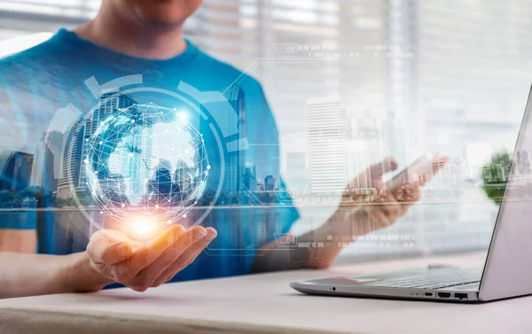 Man Holding Connected World Internet Communication People Social Media Concept — Stock Photo, Image