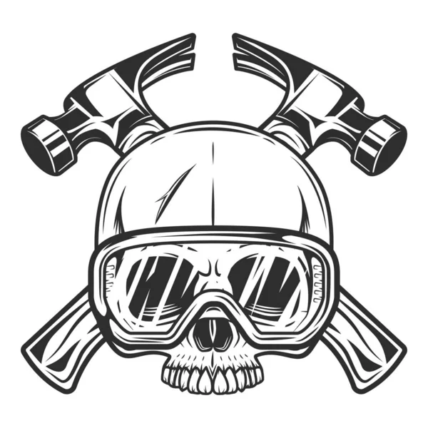 Business builder crossed hammers from new construction and remodeling house with half skull and safety glasses in monochrome vintage style illustration