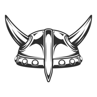 Viking vintage emblem with serious medieval nordic warrior horned helmet isolated vector illustration