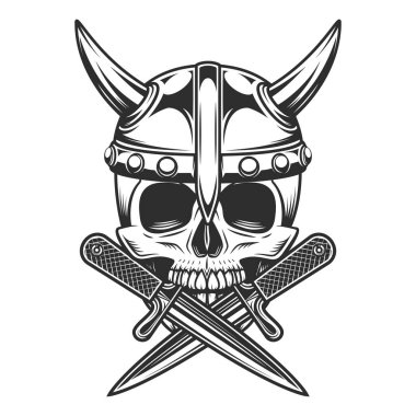 Viking vintage emblem with skull serious medieval nordic warrior in horned helmet and battle knife isolated vector illustration