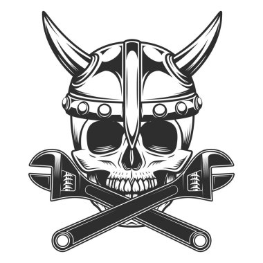 Skull with viking helmet and crossed wrench business builder from new construction and remodeling house illustration