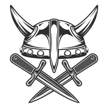 Vintage emblem with medieval nordic warrior viking horned helmet and battle knife isolated vector illustration