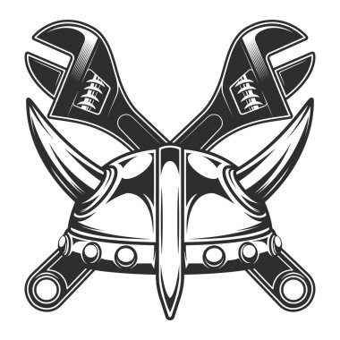 Viking horned helmet and crossed wrench business builder from new construction and remodeling house illustration