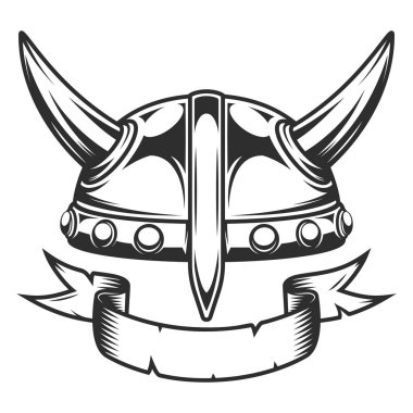 Viking vintage emblem with serious medieval nordic warrior horned helmet and ribbon isolated vector illustration