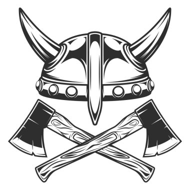 Viking helmet and crossed metal ax with handle made of wood. Wooden axe construction builder tool. Element for business woodworking or lumberjack emblem or icon.