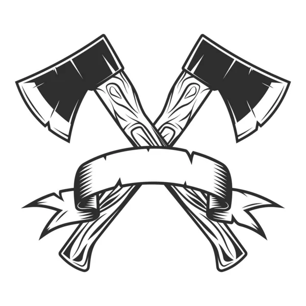 Crossed metal ax with handle made of wood and ribbon. Wooden axe construction builder tool. Element for business woodworking or lumberjack emblem or icon.