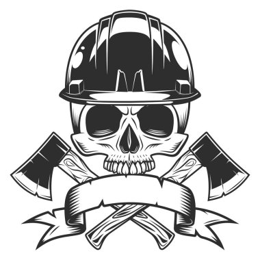 Half skull in hard hat and crossed metal ax with handle made of wood. Wooden axe construction builder tool. Element for business woodworking or lumberjack emblem or icon with ribbon.