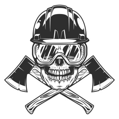 Skull in hard hat and glasses and crossed metal ax with handle made of wood. Wooden axe construction builder tool. Element for business woodworking or lumberjack emblem or icon.