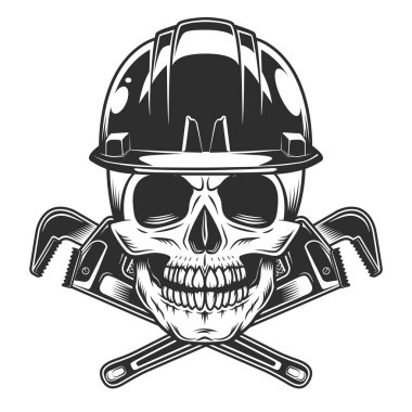 Vintage skull in hard hat with body shop mechanic spanner repair tool or construction wrench for gas and builder plumbing pipe in monochrome style isolated vector illustration