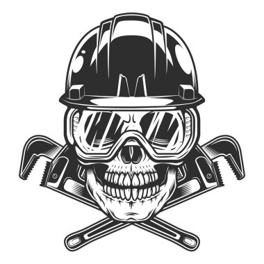 Vintage skull with safety glasses and hard hat with body shop mechanic spanner repair tool or construction wrench for gas and builder plumbing pipe in monochrome style vector illustration