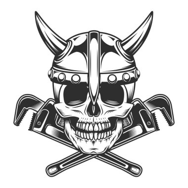 Vintage viking skull and body shop mechanic spanner repair tool or construction wrench for gas and builder plumbing pipe in monochrome style vector illustration