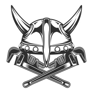 Vintage viking helmet and body shop mechanic spanner repair tool or construction wrench for gas and builder plumbing pipe in monochrome style vector illustration