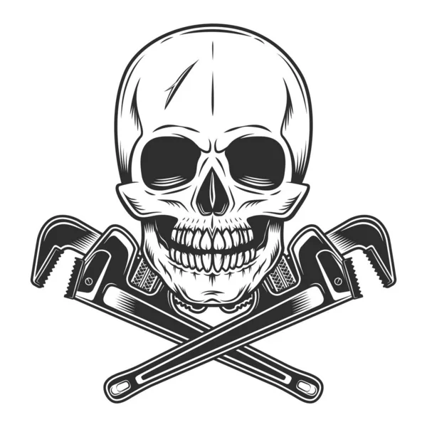 Vintage skull with body shop mechanic spanner repair tool or construction wrench for gas and builder plumbing pipe in monochrome style isolated vector illustration