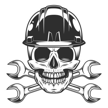 Vintage skull in hard hat helmet with body shop service car and truck mechanic repair tool crossed wrench or construction for gas and builder plumbing pipe spanner illustration