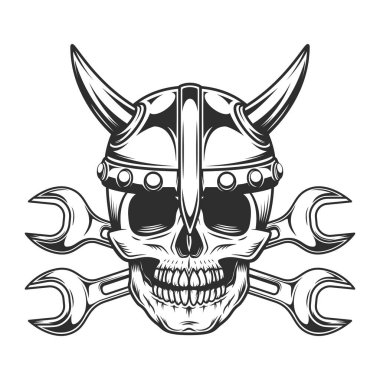 Vintage viking skull in horned helmet with body shop service car and truck mechanic repair tool crossed wrench or construction for gas and builder plumbing pipe spanner illustration