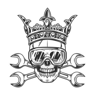 Vintage skull in glasses and crown with body shop service car and truck mechanic repair tool crossed wrench or construction for gas and builder plumbing pipe spanner illustration