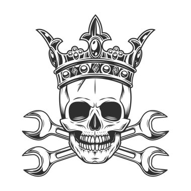 Vintage skull in royal crown with body shop service car and truck mechanic repair tool crossed wrench or construction for gas and builder plumbing pipe spanner illustration
