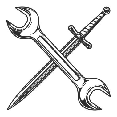 Vintage sword with body shop service car and truck mechanic repair tool crossed wrench or construction for gas and builder plumbing pipe key illustration
