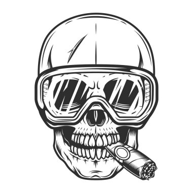 İnşaat işçisi kafatası üreticisi puro içiyor veya koruyucu gözlüklerle sigara dumanı içiyor. Klasik monokrom tarzı izole edilmiş vektör çizimi.