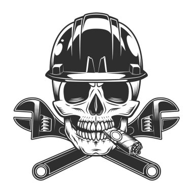 İnşaatçı kafatası puro içiyor ya da sigara dumanı içiyor. İş yerindeki yeni inşaat ve ev yapımı vintage illüstrasyondan çapraz boru anahtarıyla birlikte.