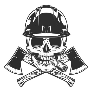 Tahta baltayla inşaat aleti. Kafatası puro ya da sigara dumanı içerken sapı ahşaptan yapılmış metal baltayla çaprazlanmış. İş ahşap işçiliği ya da oduncu amblemi ya da simgesi için unsur.