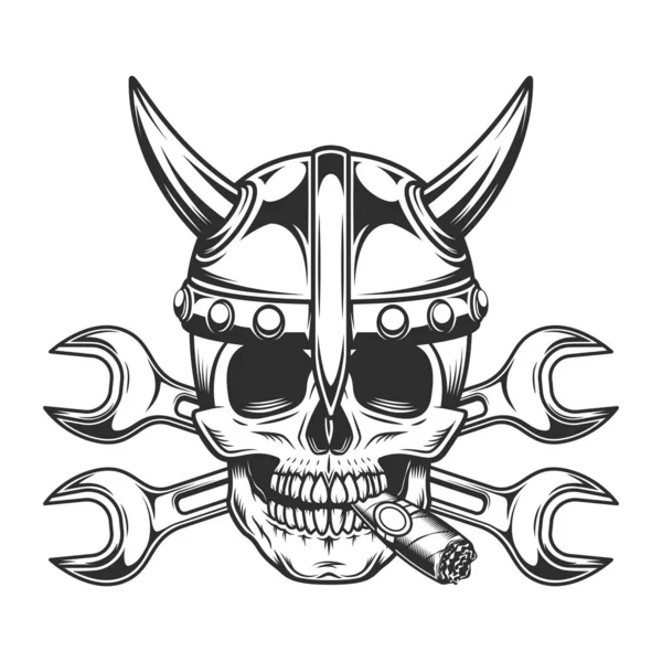 Kaliteli Viking kafatası puro ya da boynuzlu miğferde sigara dumanı, kaportacı servisi arabası ve kamyon tamirhanesi ile ingiliz anahtarı ya da gaz ve tesisatçı boru anahtarı çizimi için inşaat.