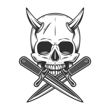 Boynuzlu kafatası ve çapraz bıçaklı hançer klasik monokrom stili vektör çizimi
