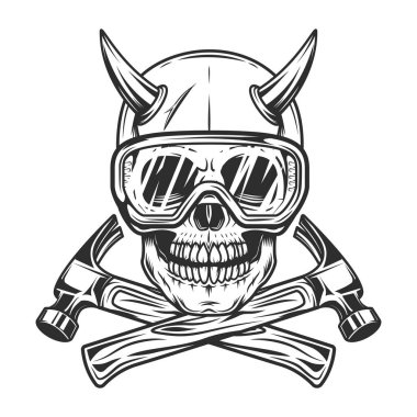 Güvenlik gözlüklü boynuzlu kafatası ve tamirci mekanik tamir aracı veya vintage monokrom stil vektör ilüstrasyonunda inşaat inşa çekici