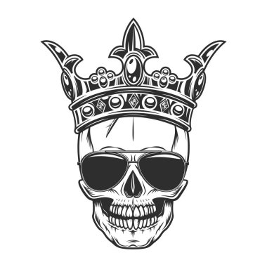 Vintage scary skull in royal crown concept with black eyes with sunglasses accessory to protect eyes from bright sun isolated vector illustration