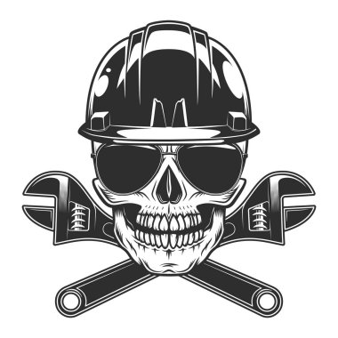 Skull in hardhat buider helmet and sunglasses accessory to protect eyes from bright sun with construction plumbing wrench spanner tools vintage isolated vector illustration