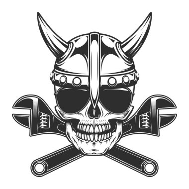 Viking skull in horned helmet and sunglasses accessory to protect eyes from bright sun with construction plumbing wrench spanner tools vintage isolated vector illustration