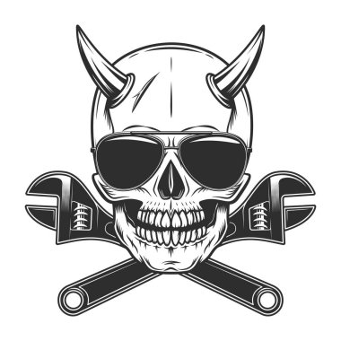 Viking skull with horns and sunglasses accessory to protect eyes from bright sun with construction plumbing wrench spanner tools vintage isolated vector illustration