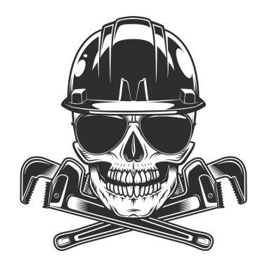 Skull in hardhat buider helmet with construction plumbing wrench spanner tools and sunglasses accessory to protect eyes from bright sun vintage isolated vector illustration