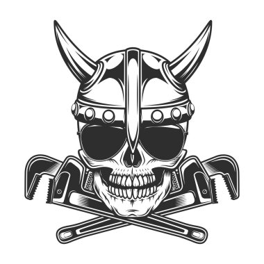 Viking skull in horned helmet with construction plumbing wrench spanner tools and sunglasses accessory to protect eyes from bright sun vintage isolated vector illustration