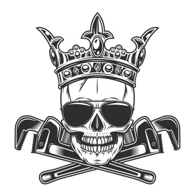 Skull in royal crown with construction plumbing wrench spanner tools and sunglasses accessory to protect eyes from bright sun vintage isolated vector illustration