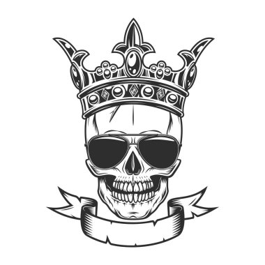 Vintage scary skull in royal crown concept with ribbon and sunglasses accessory to protect eyes from bright sun isolated vector illustration