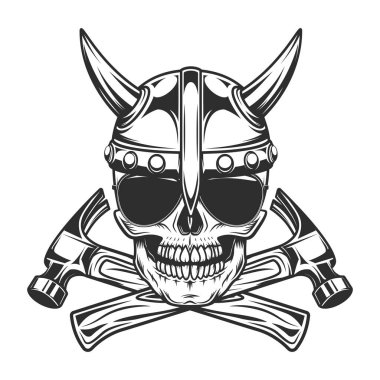 Viking skull in horned helmet with construction hammer tools and sunglasses accessory to protect eyes from bright sun vintage isolated vector illustration