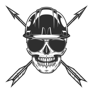 Skull in builder construction helmet hardhat concept with hunting arrow and sunglasses accessory to protect eyes from bright sun vintage isolated vector illustration