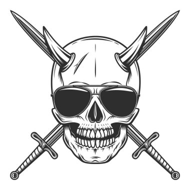 Skull in sunglasses with horns and knight crossed sword in vintage monochrome style vector illustration