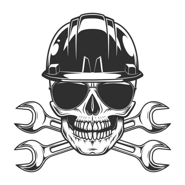 Vintage monochrome skull in sunglasses and builder helmet with crossed wrenches isolated vector illustration