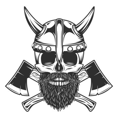 Viking skull bearded and mustached in horned helmet with crossed axes in vintage monochrome style isolated vector illustration