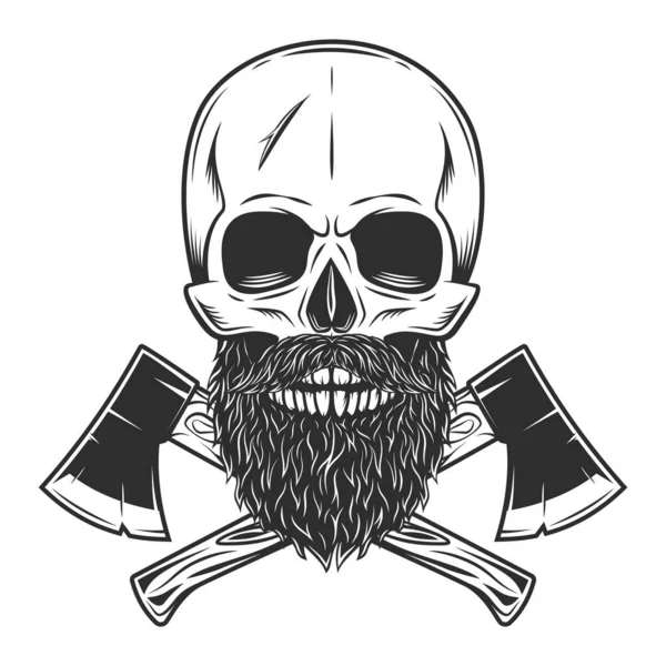 Skull with mustache and beard and crossed wooden axe construction builder tool. Element for business woodworking or lumberjack emblem or icon monochrome illustration