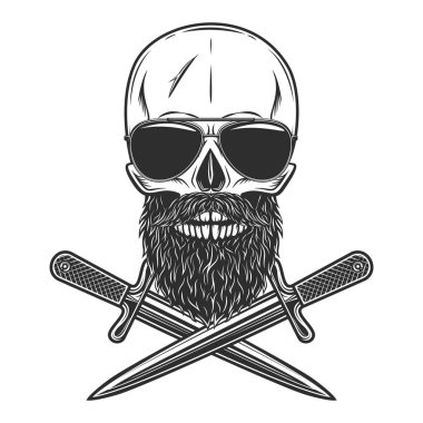 Hipster skull with mustache and beard in sunglasses and crossed knife dagger isolated on white background monochrome illustration