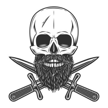 Hipster skull with mustache and beard and crossed knife dagger isolated on white background monochrome illustration