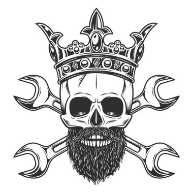 Skull with mustache and beard in crown with construction builder plumbing wrench or body shop repair car and truck mechanic service tool crossed spanner vintage illustration