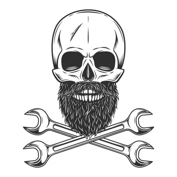 Skull witn mustache with beard and body shop repair car and truck mechanic service tool crossed spanner or construction for gas and builder plumbing wrench pipe vintage illustration