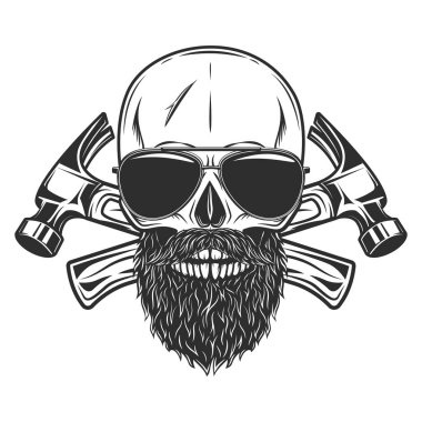 Skull with mustache and beard and sunglasses builder crossed hammers from new construction and remodeling house business in monochrome vintage style illustration