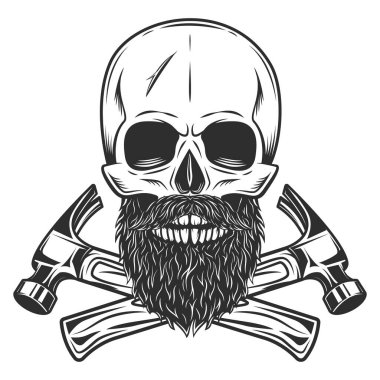 Skull with mustache and beard and crossed builder hammers from new construction and remodeling house business in monochrome vintage style isolated vector illustration